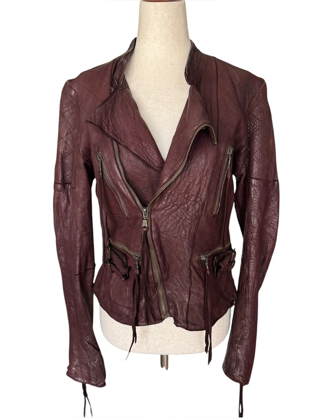 Vintage y2k Christian Peau Burgundy Goat Leather Moto Jacket sz 38
